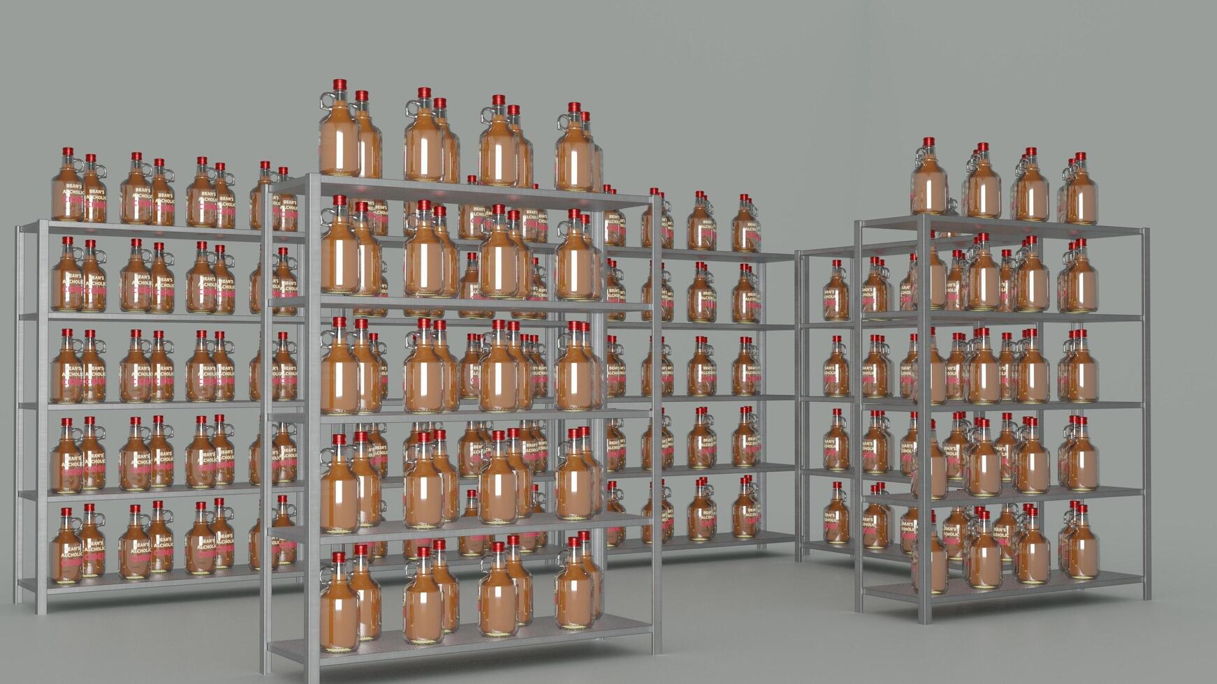 A rack of bottles with red tops on them photo