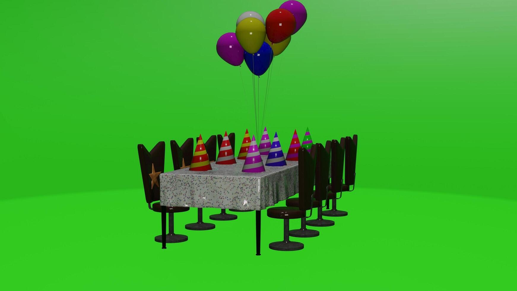 A table with balloons and a birthday cake photo