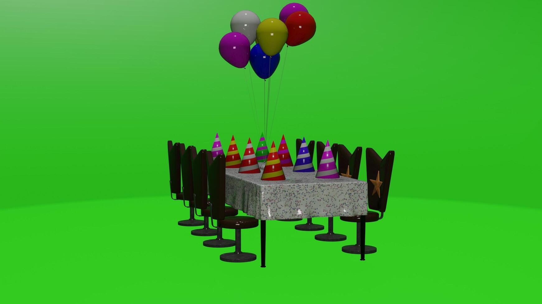 A table with balloons and a birthday cake photo