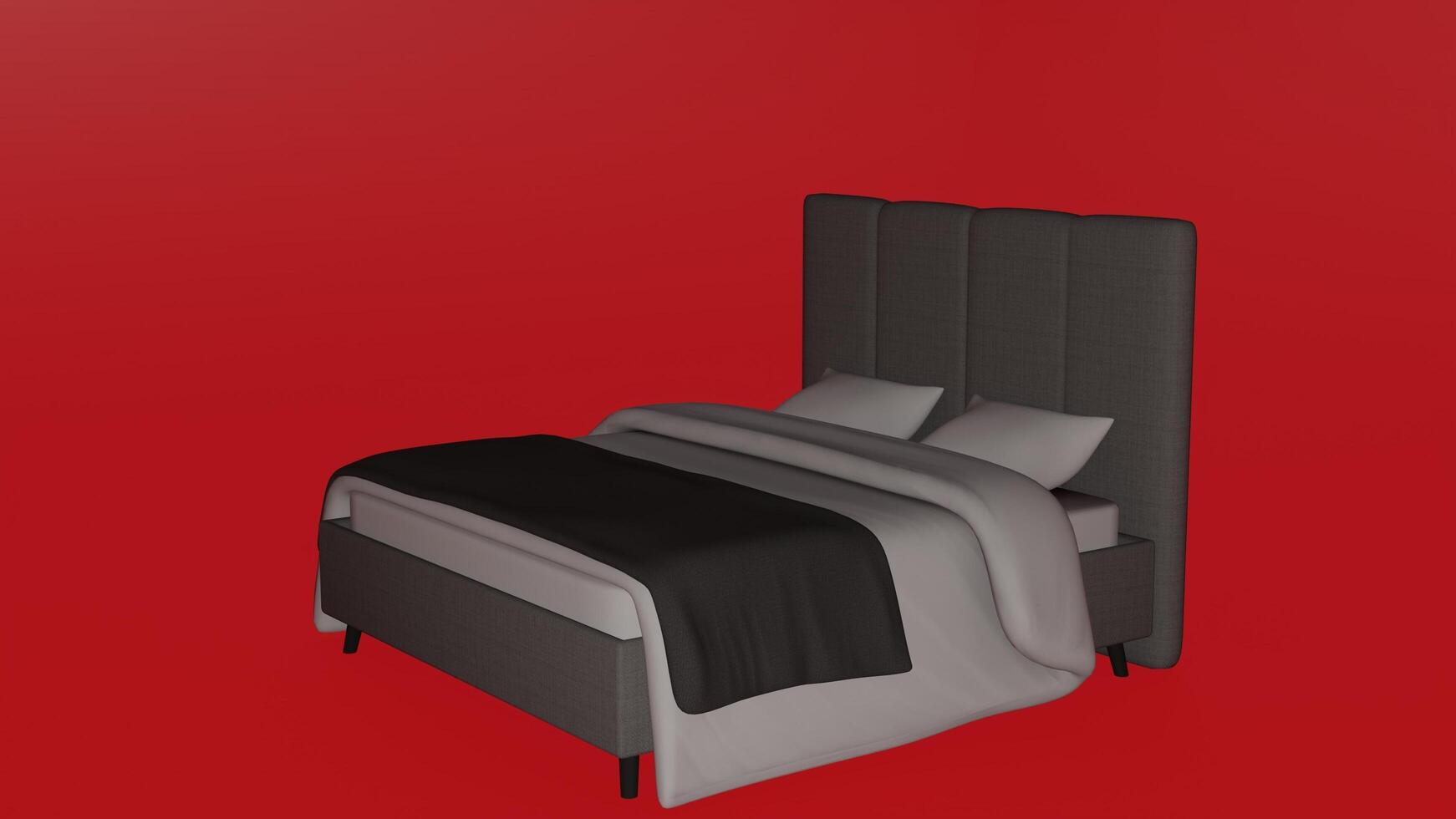 A bed with a black and gray headboard and a red background photo