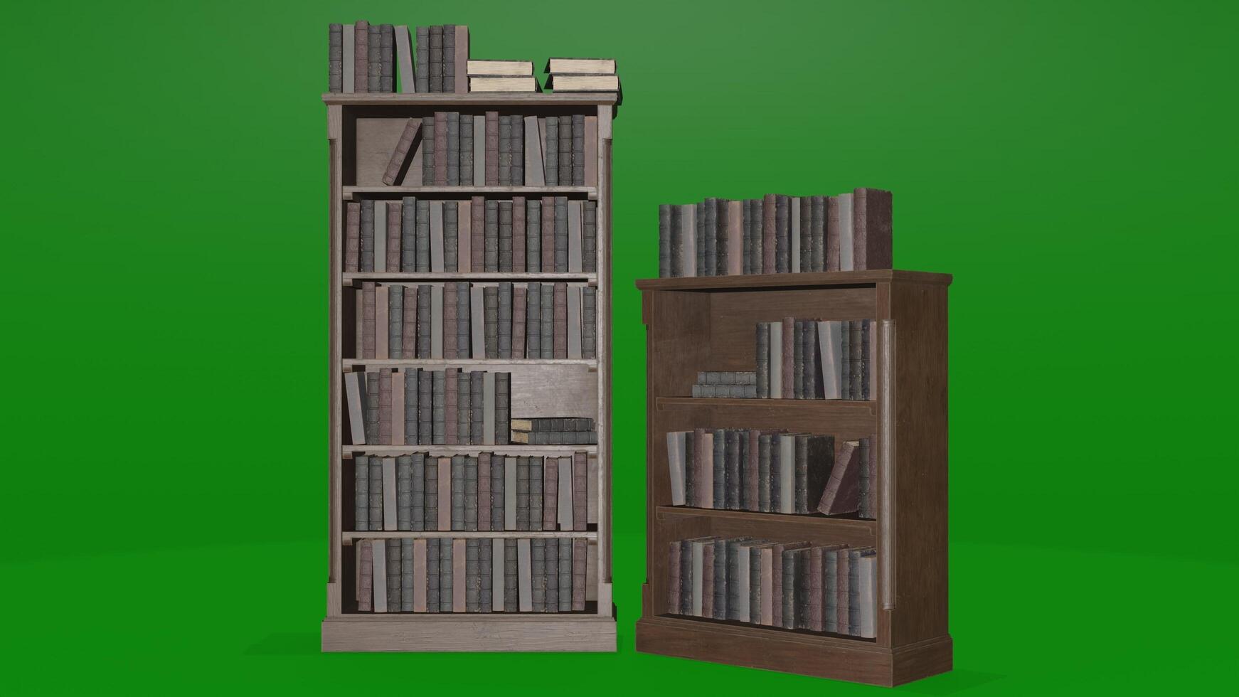 A tall bookcase with a green background photo