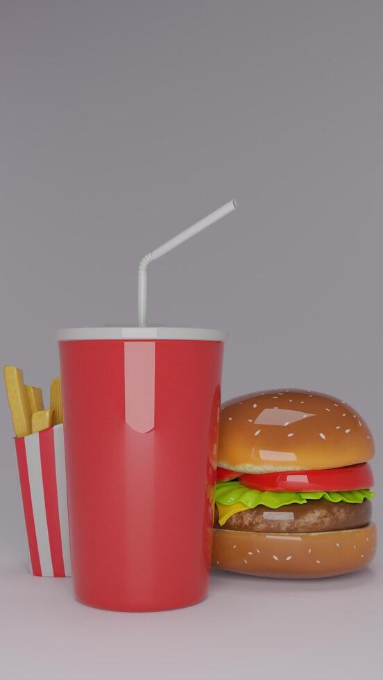 A hamburger and fries are shown next to a cup photo
