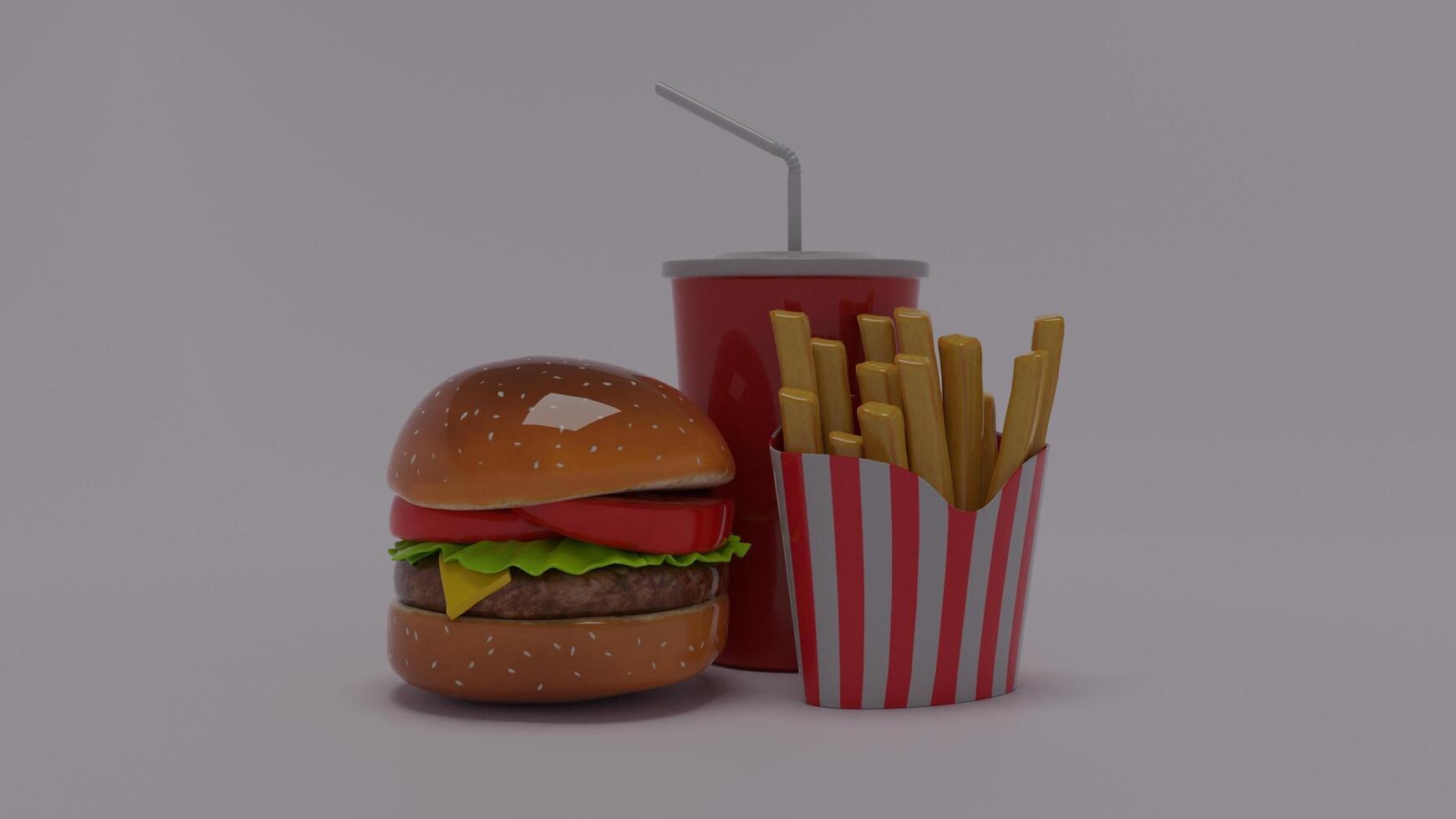 A hamburger and fries are shown next to a drink photo