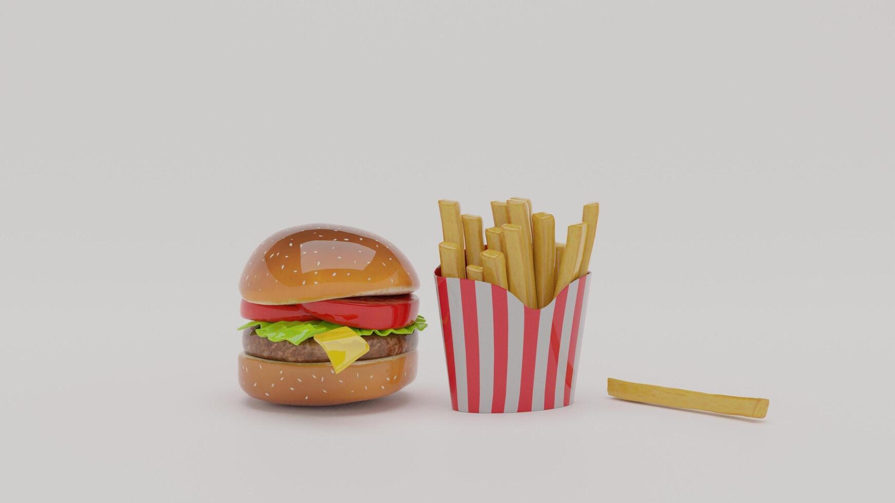 A hamburger and fries in a paper box photo