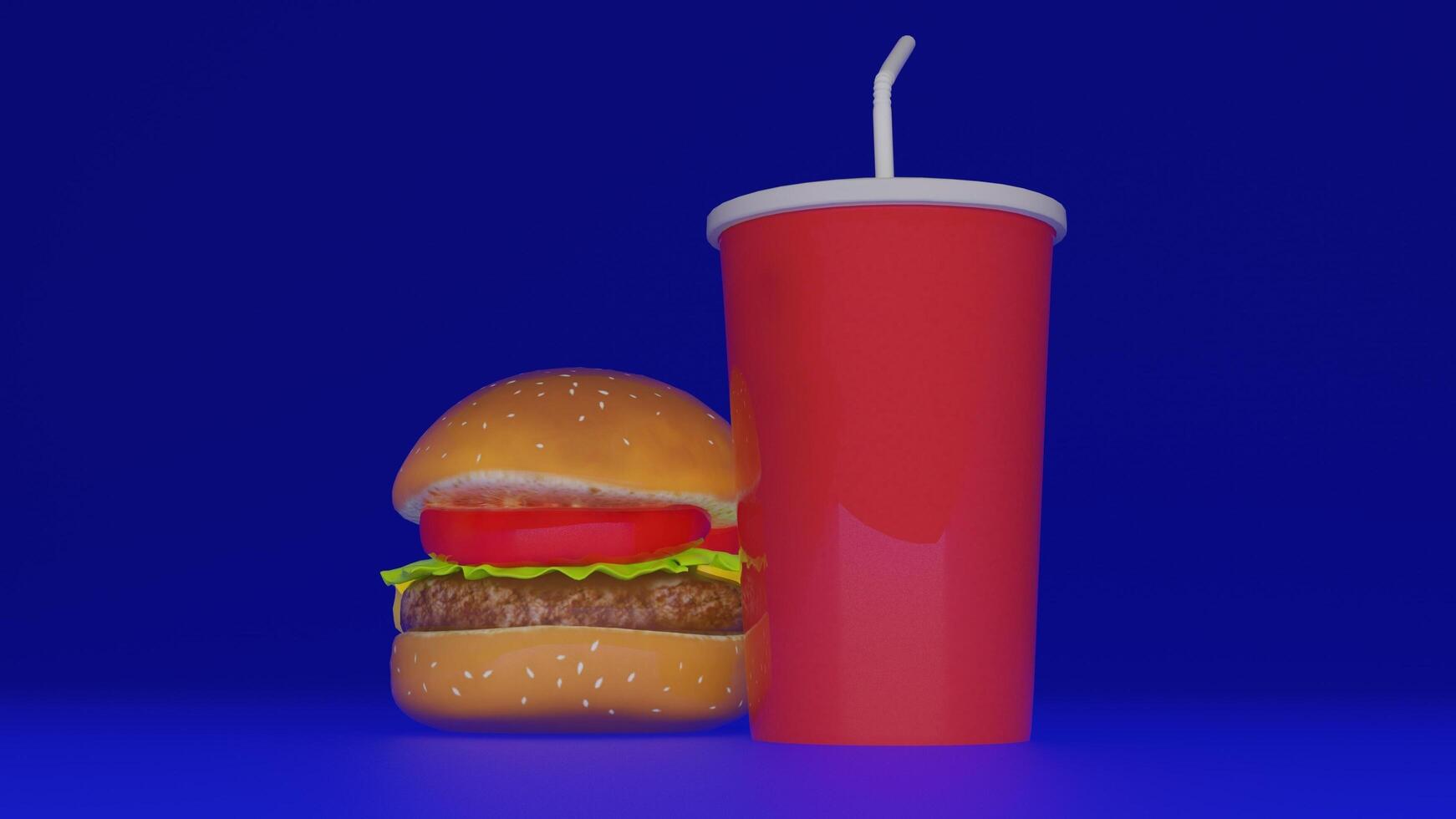 a hamburger with a drink and straw sitting on top of it photo