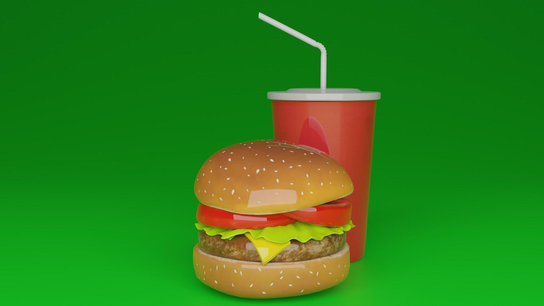 a hamburger with a drink and straw sitting on top of it photo