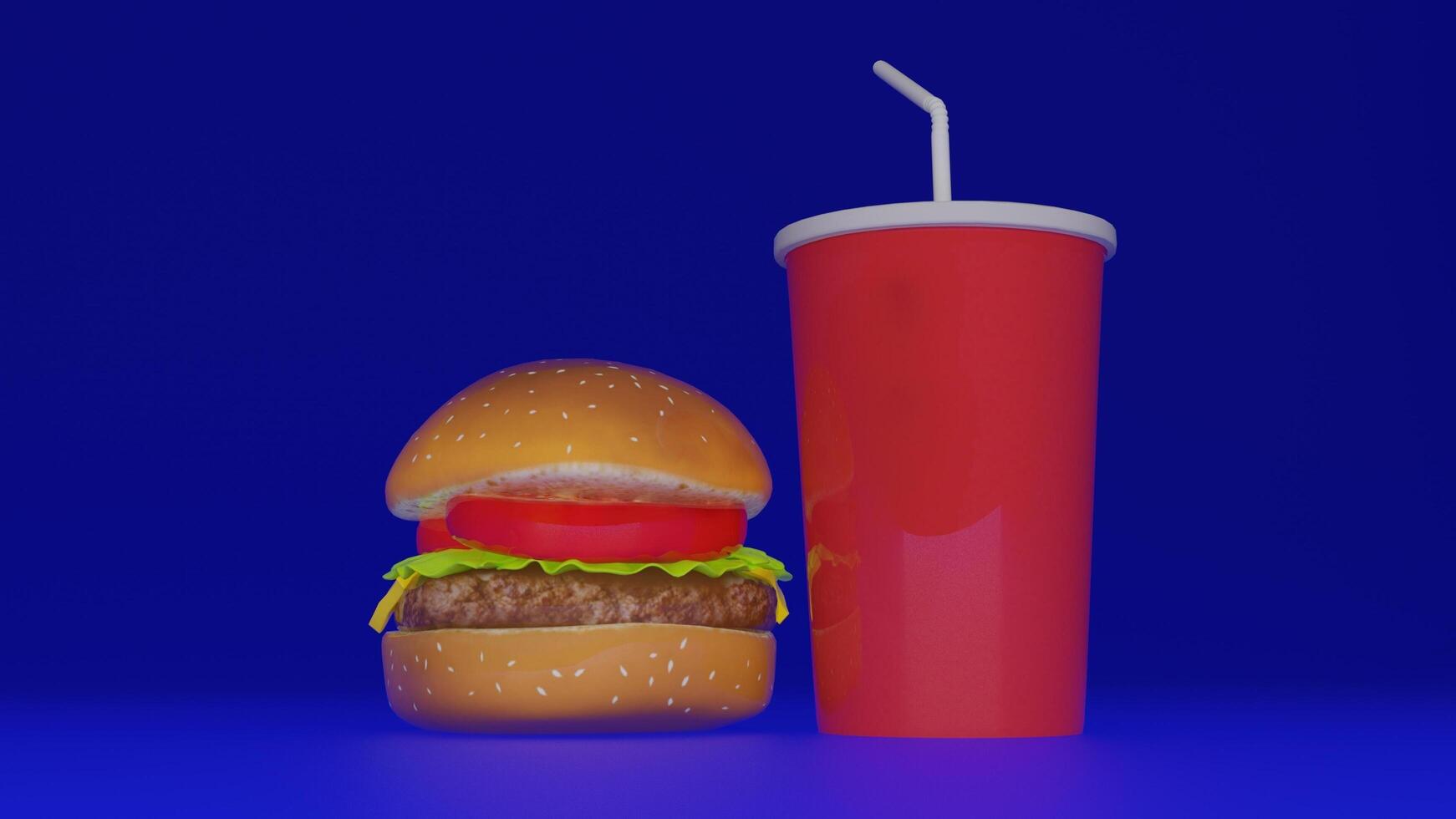 a hamburger with a drink and straw sitting on top of it photo
