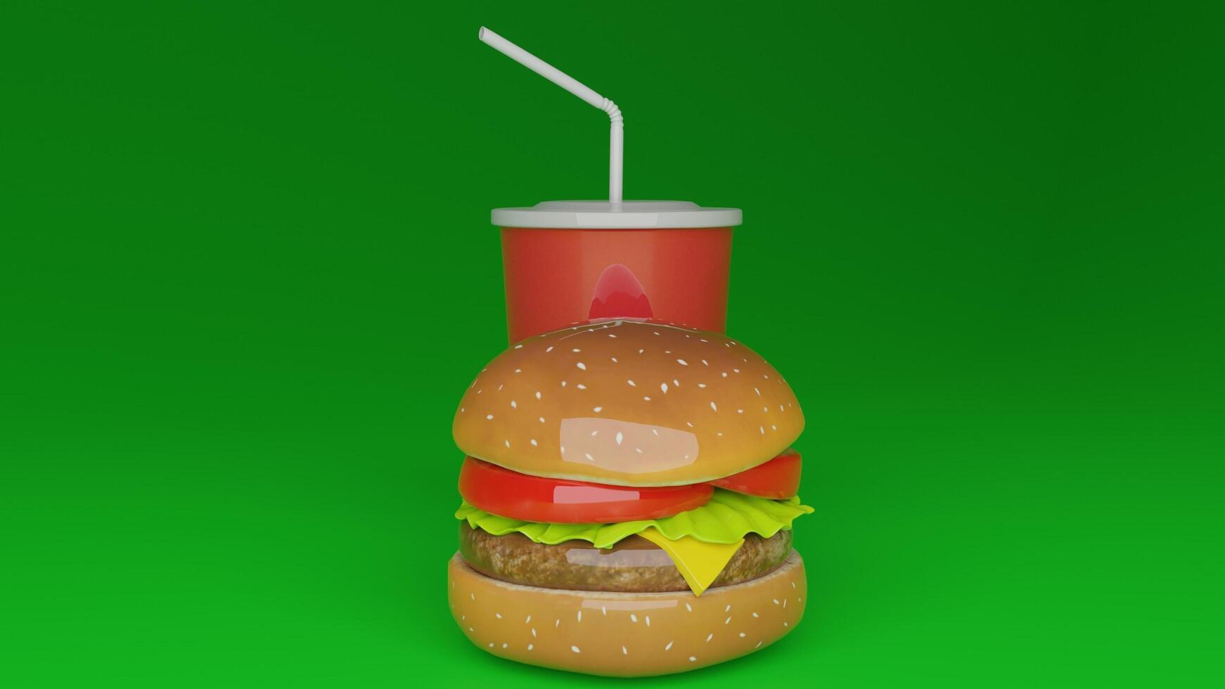 a hamburger with a drink and straw sitting on top of it photo