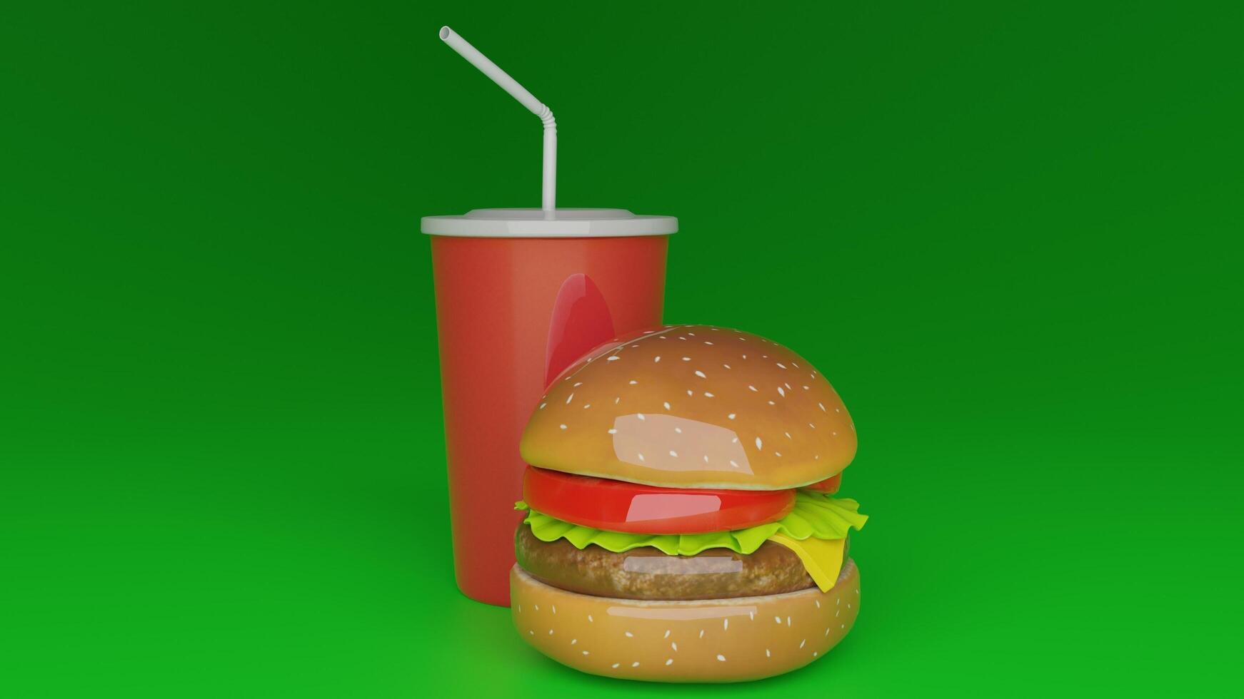 a hamburger with a drink and straw sitting on top of it photo