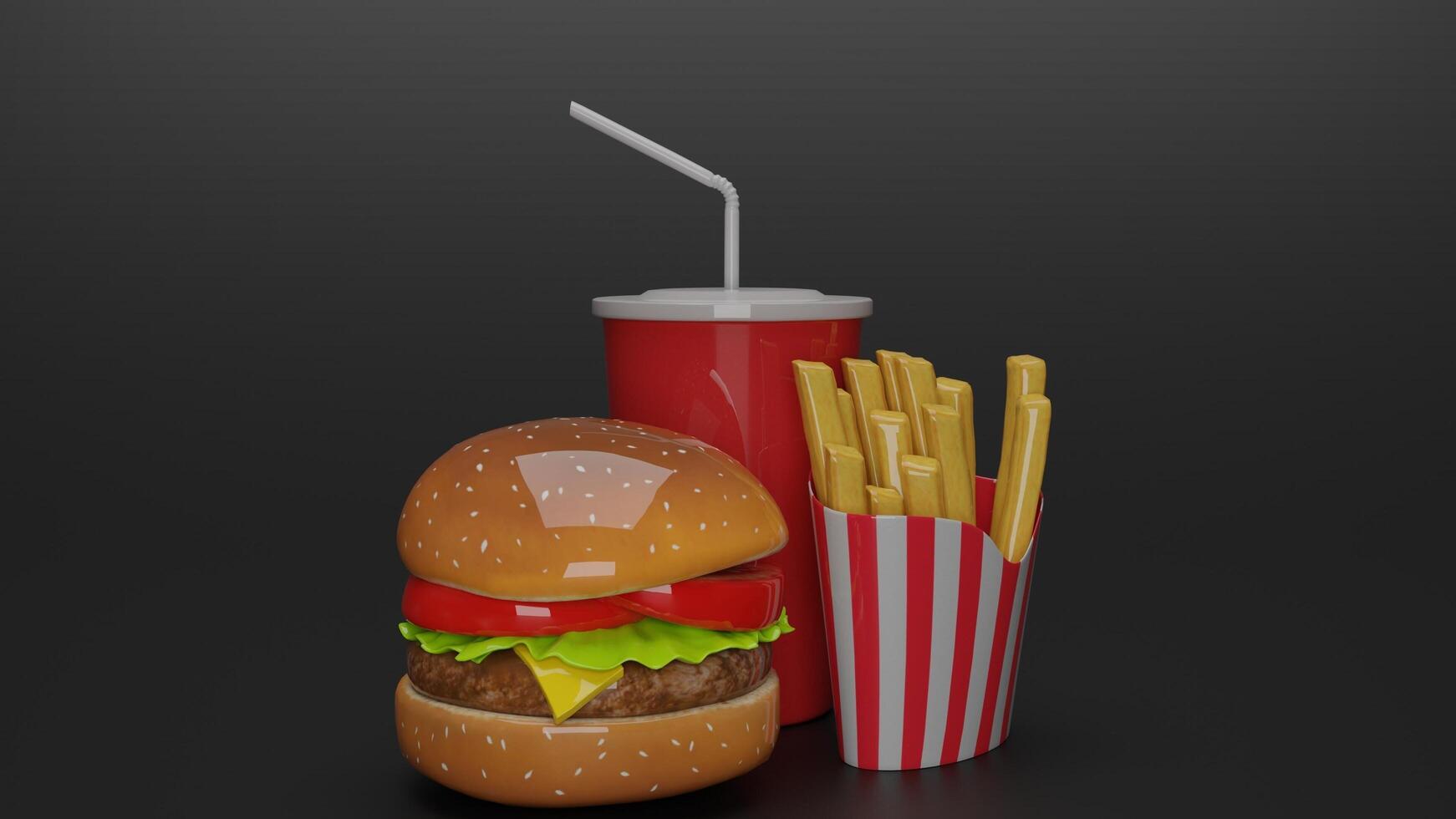 3d rendering of hamburger and fries photo