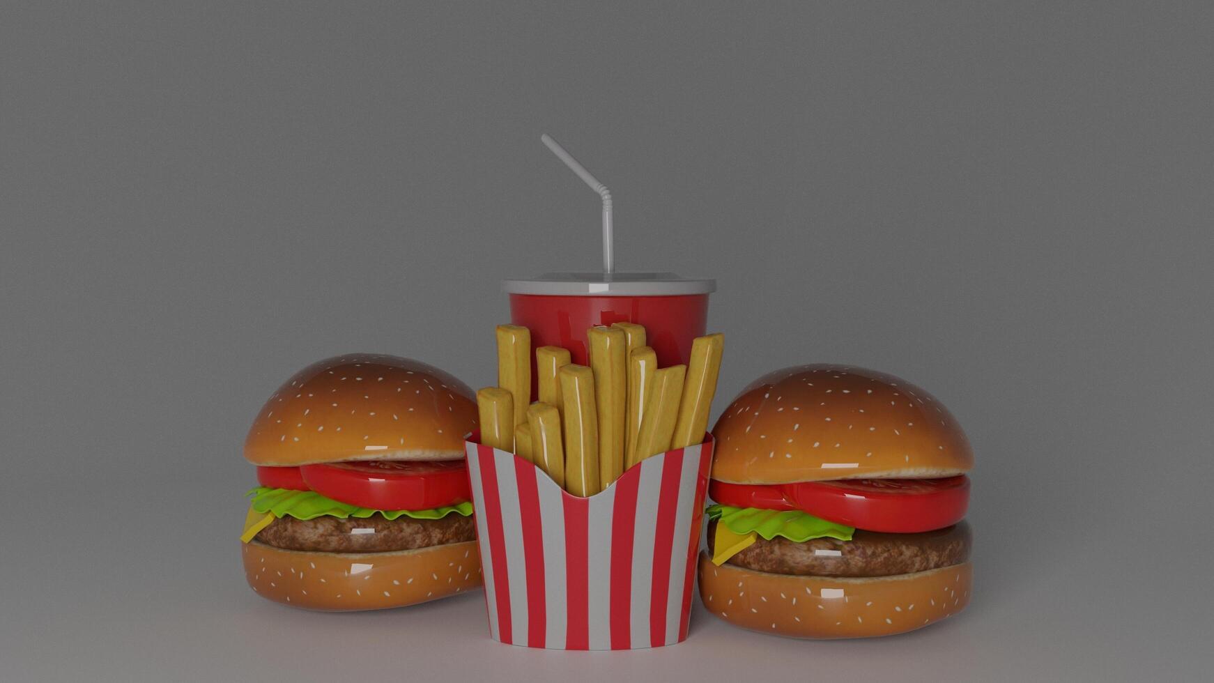 3d rendering of hamburger and fries photo