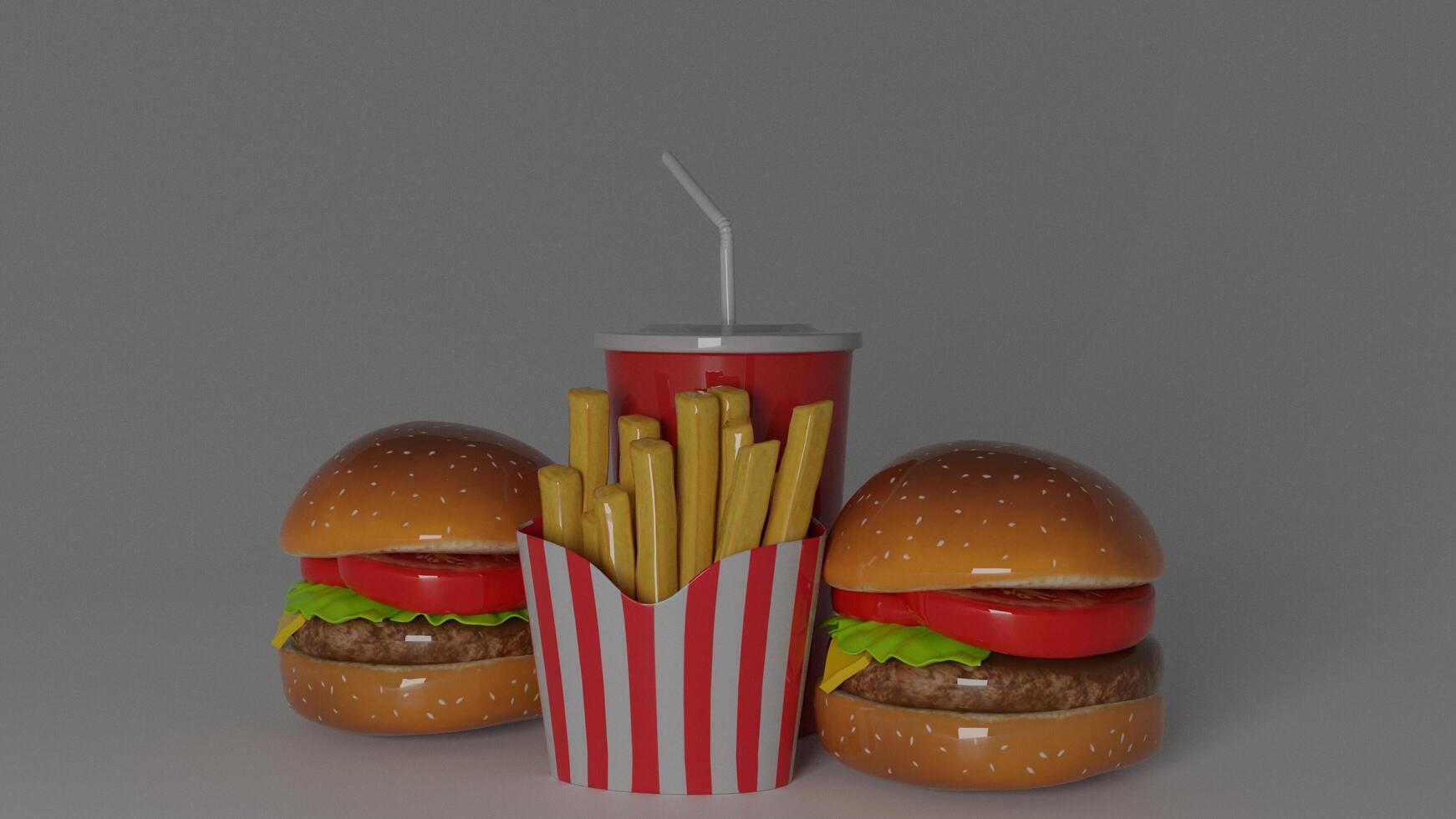 3d rendering of hamburger and fries photo