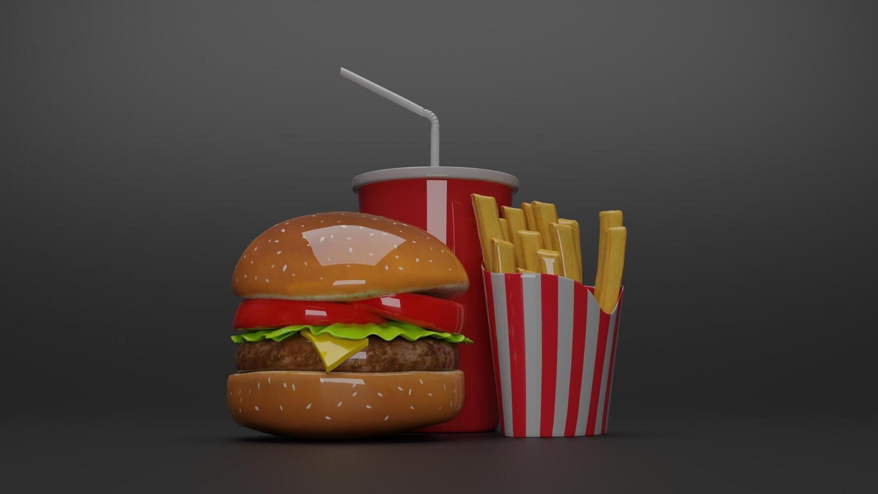 A hamburger and french fries on a black background photo