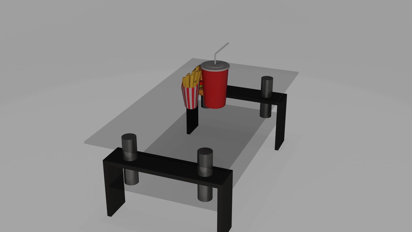 a 3d model of a table with a hamburger and soda photo
