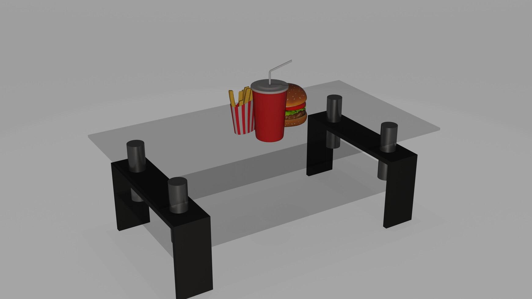a 3d model of a table with a hamburger and soda photo