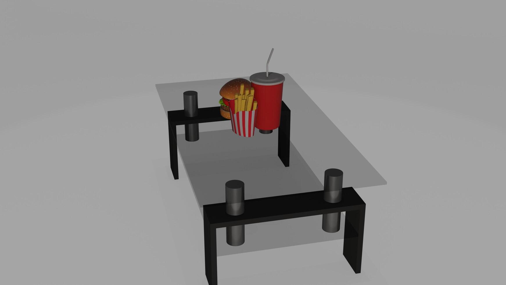a 3d model of a table with a hamburger and soda photo