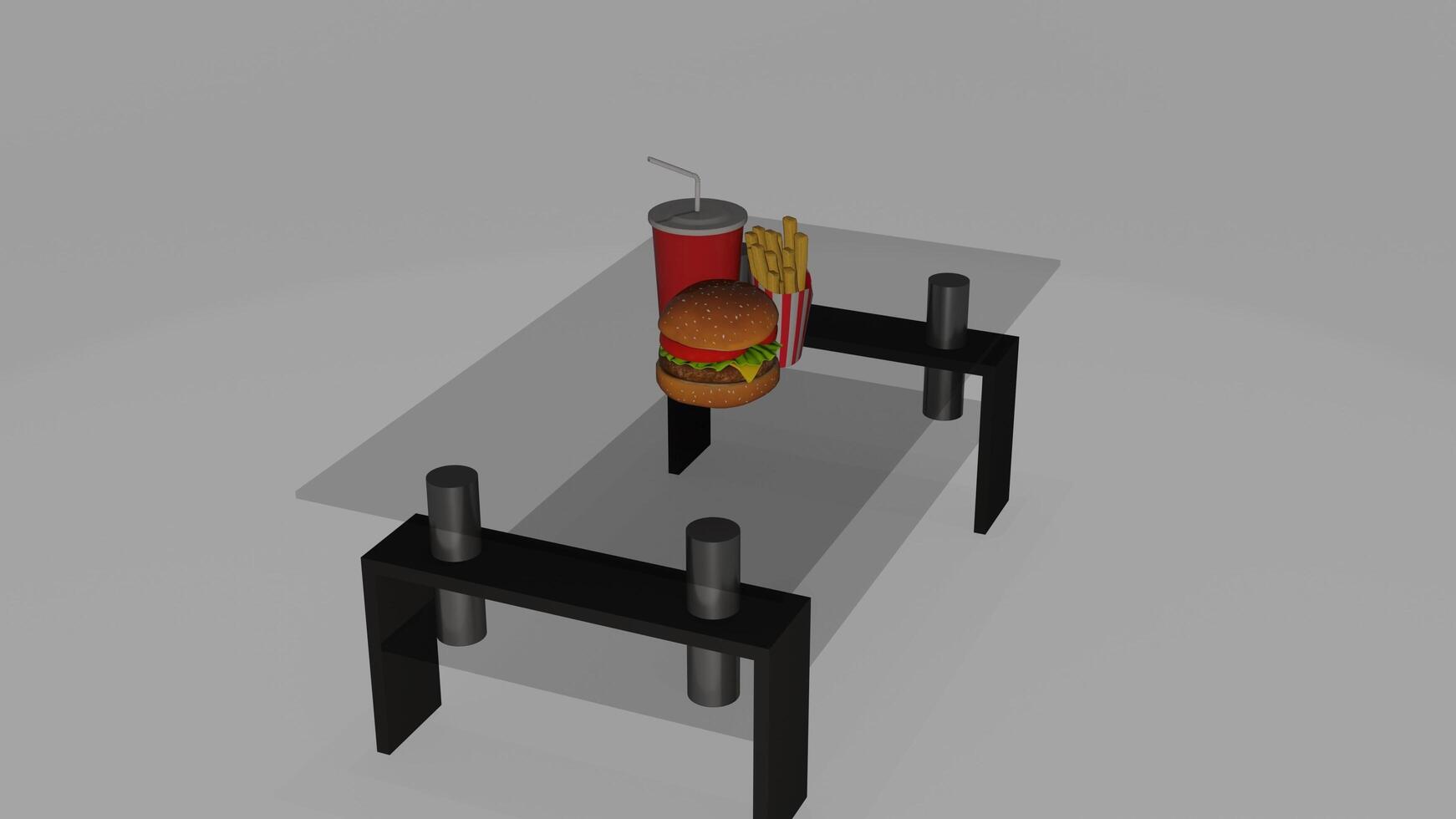a 3d model of a table with a hamburger and soda photo