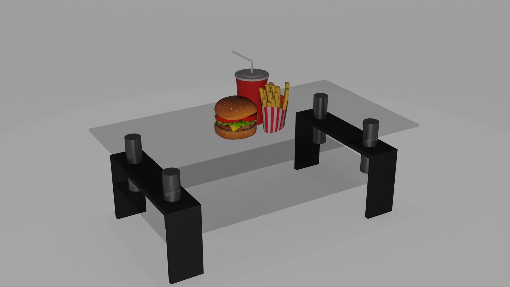 a 3d model of a table with a hamburger and soda photo