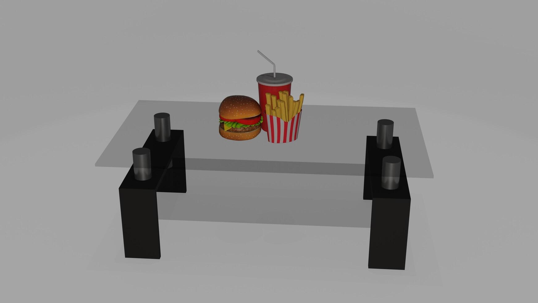 a 3d model of a table with a hamburger and soda photo