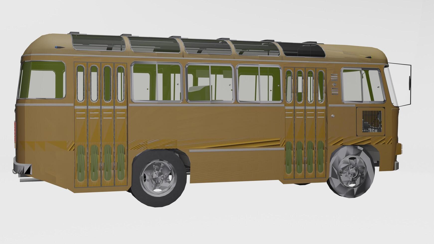 a 3d model of a bus with a green roof photo