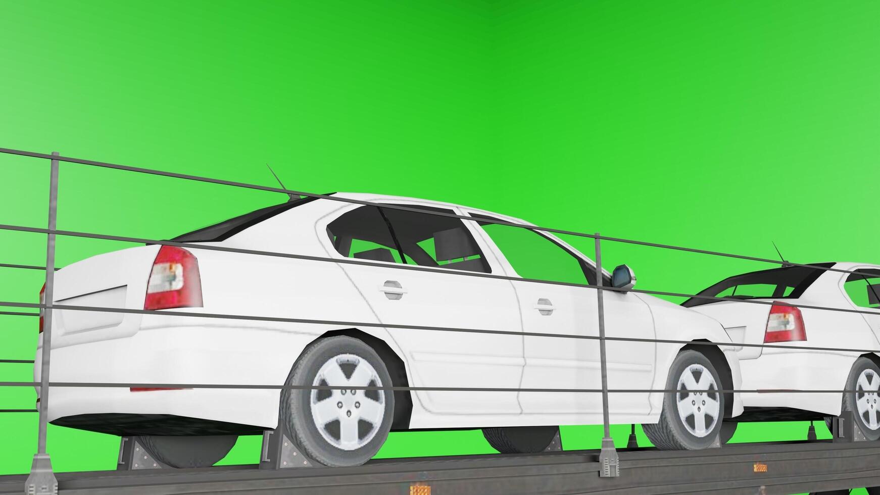 Three cars are on a trailer in front of a green screen photo