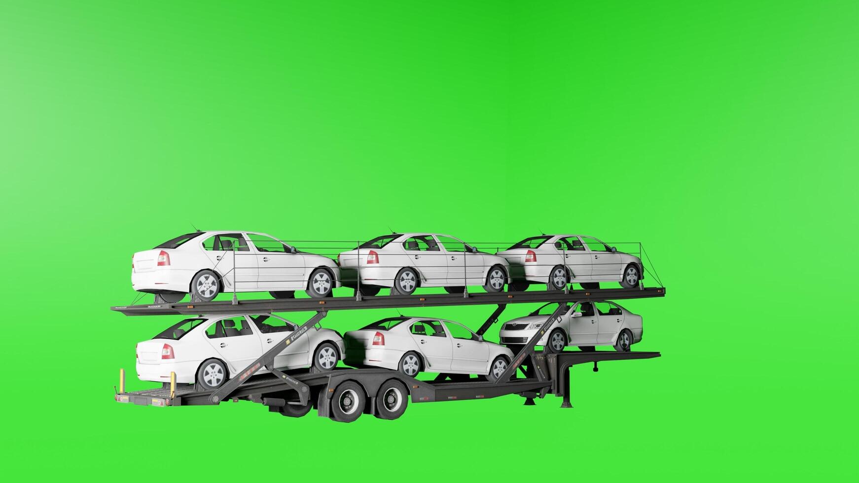 A white car on a flatbed trailer with a green screen photo