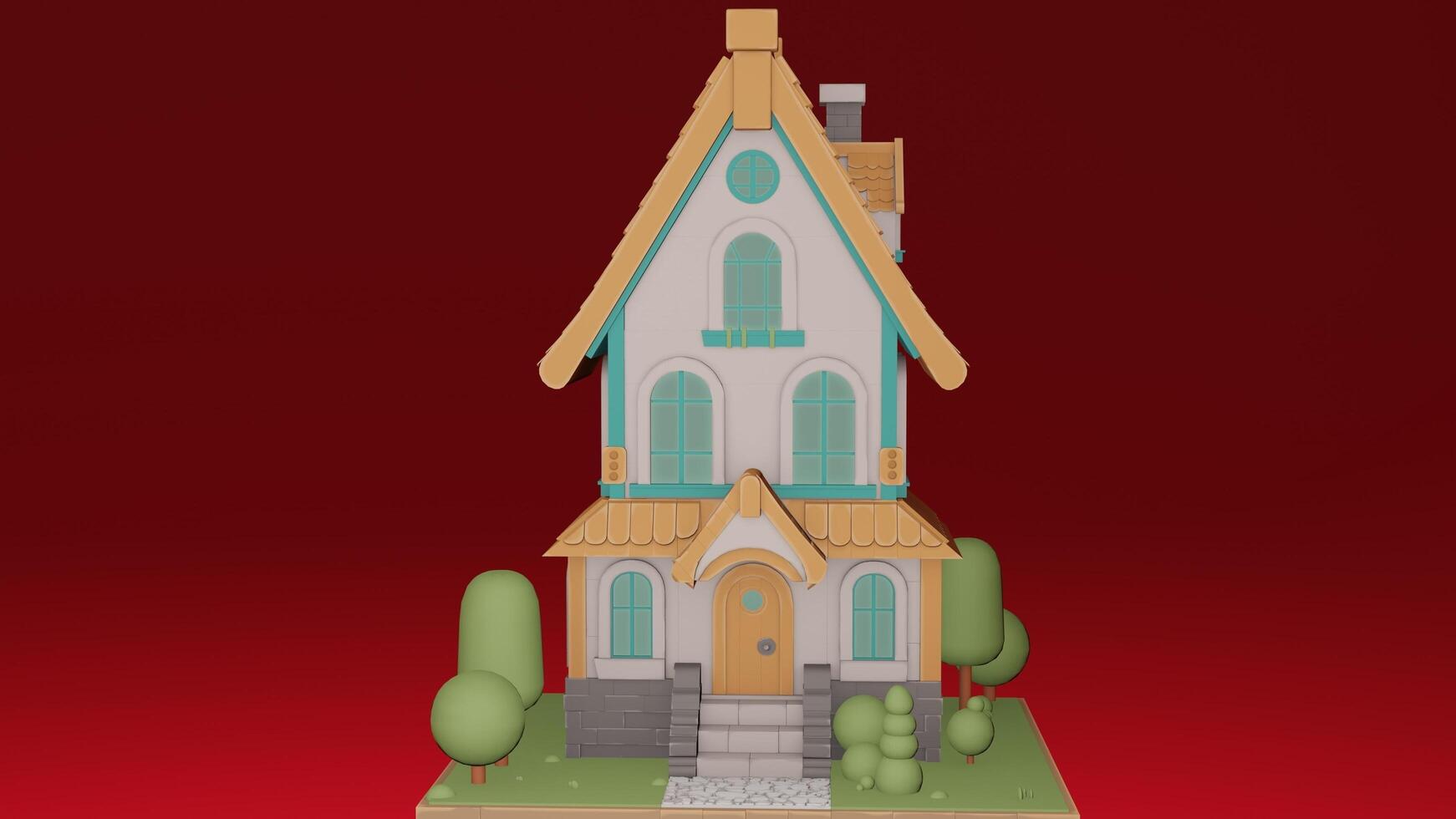 A 3d model of a house with a tree in front of it photo