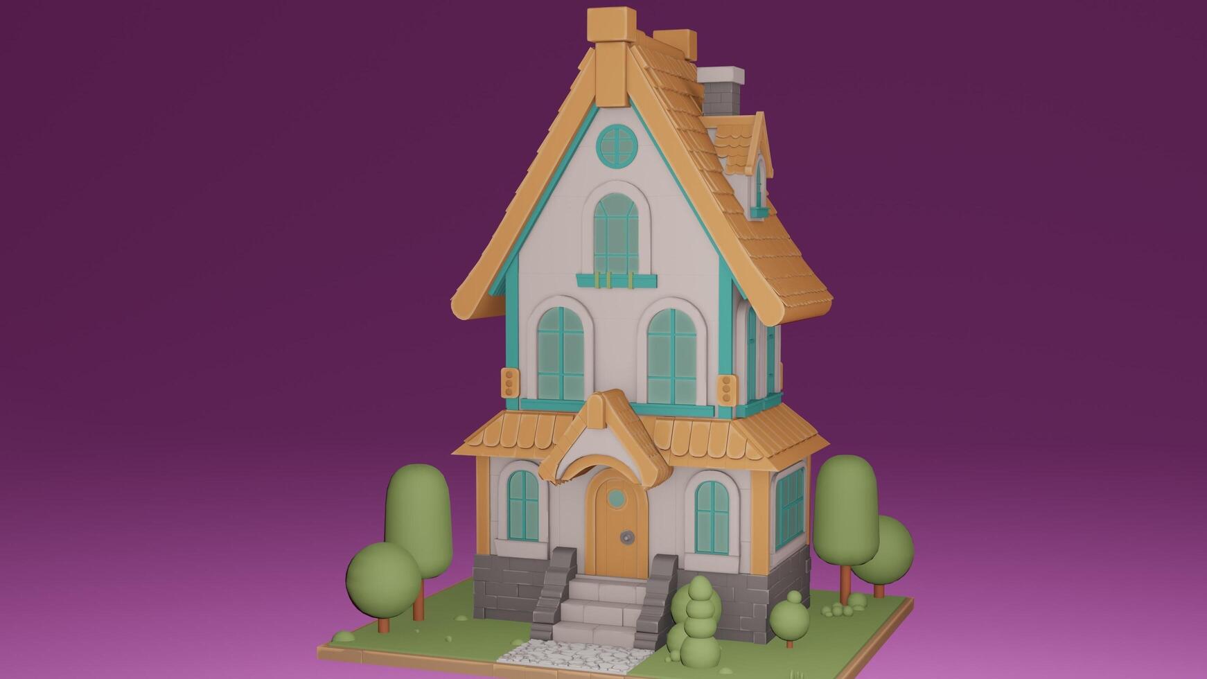 A 3d model of a house with a tree in front of it photo