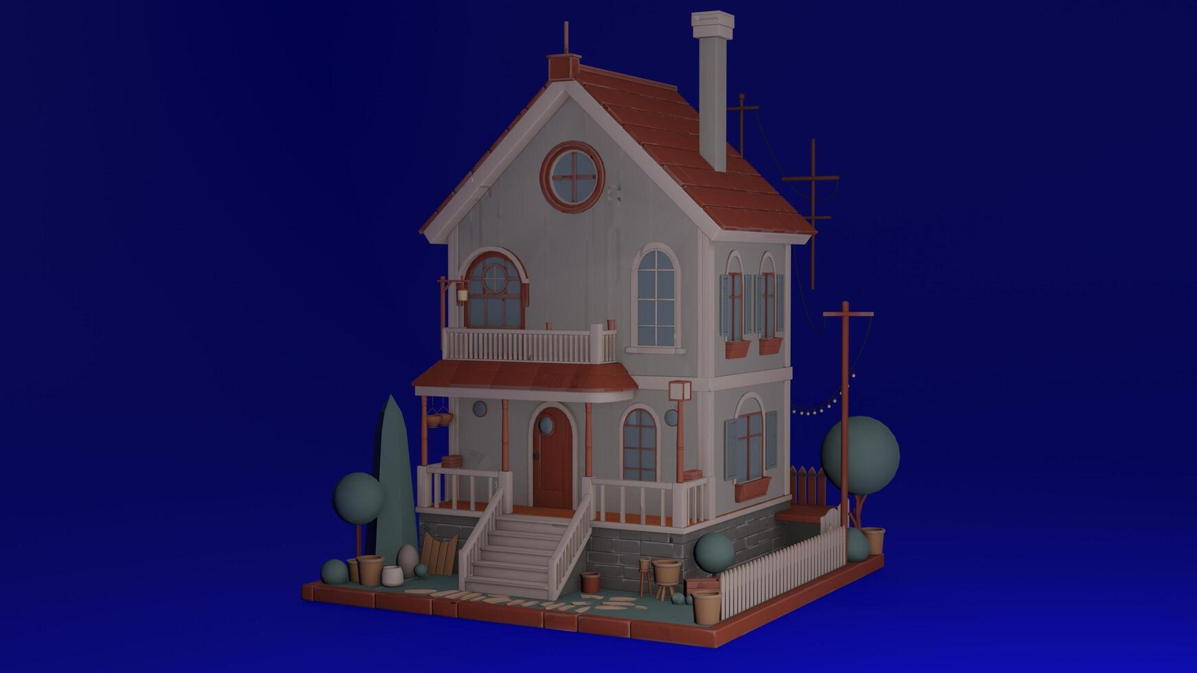 A 3d model of a house with a porch and a tree photo