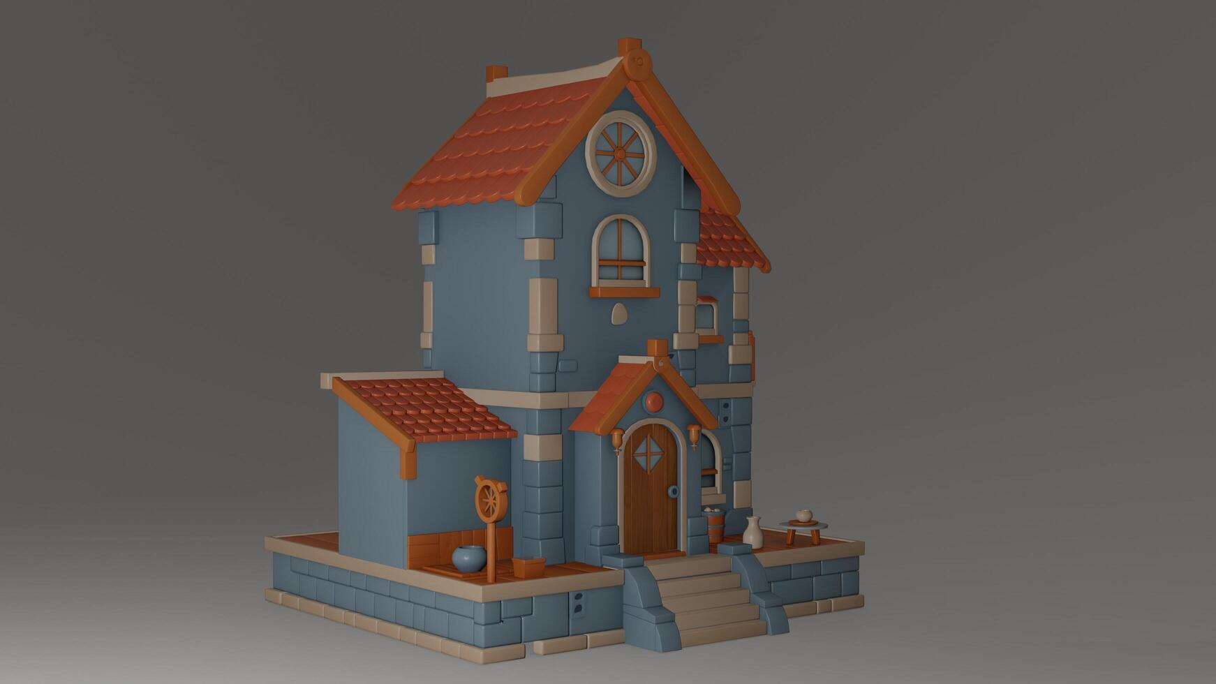 A small blue house with a clock on top photo