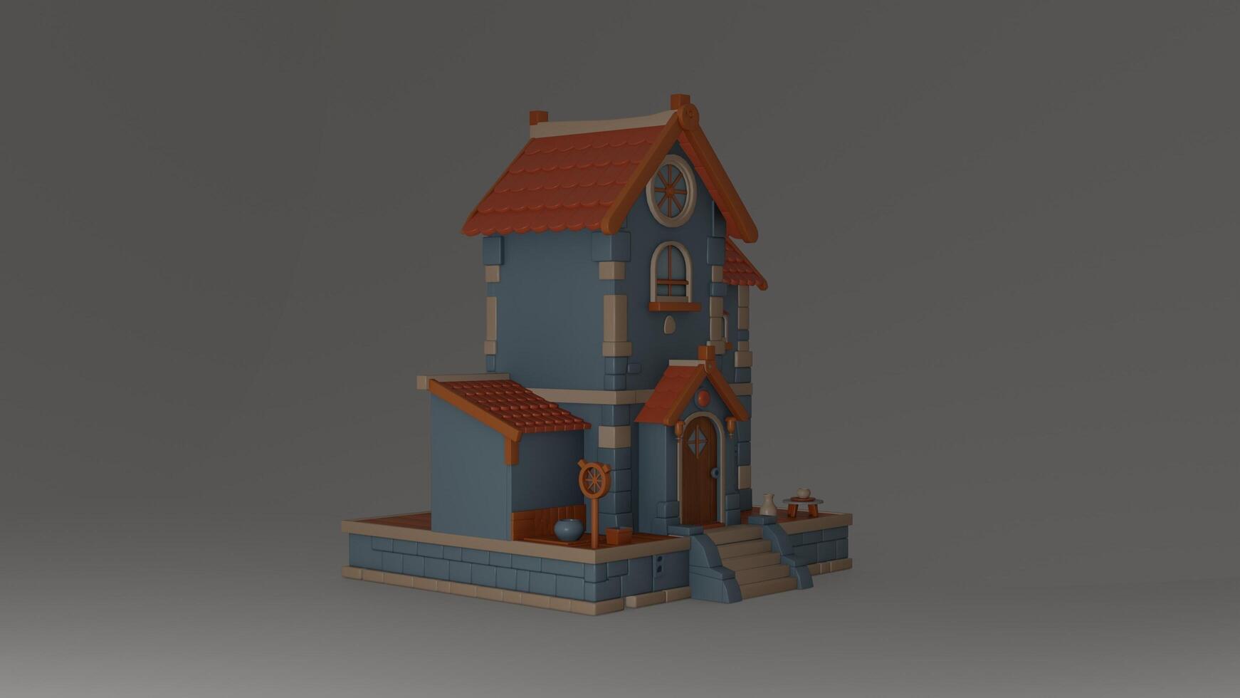 A small blue house with a clock tower photo
