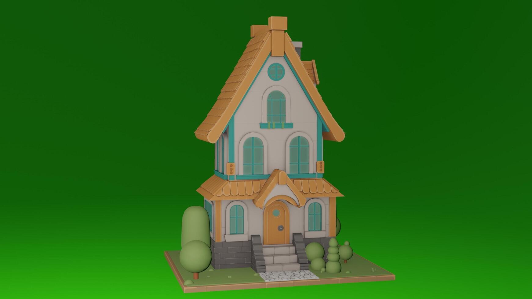 A 3d model of a house with a green background photo