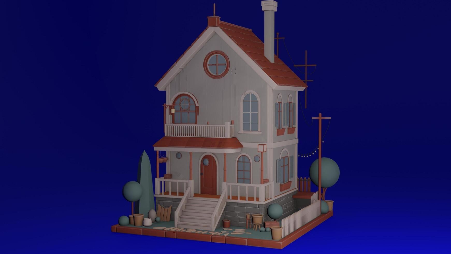 A 3d model of a house with a porch and a tree photo