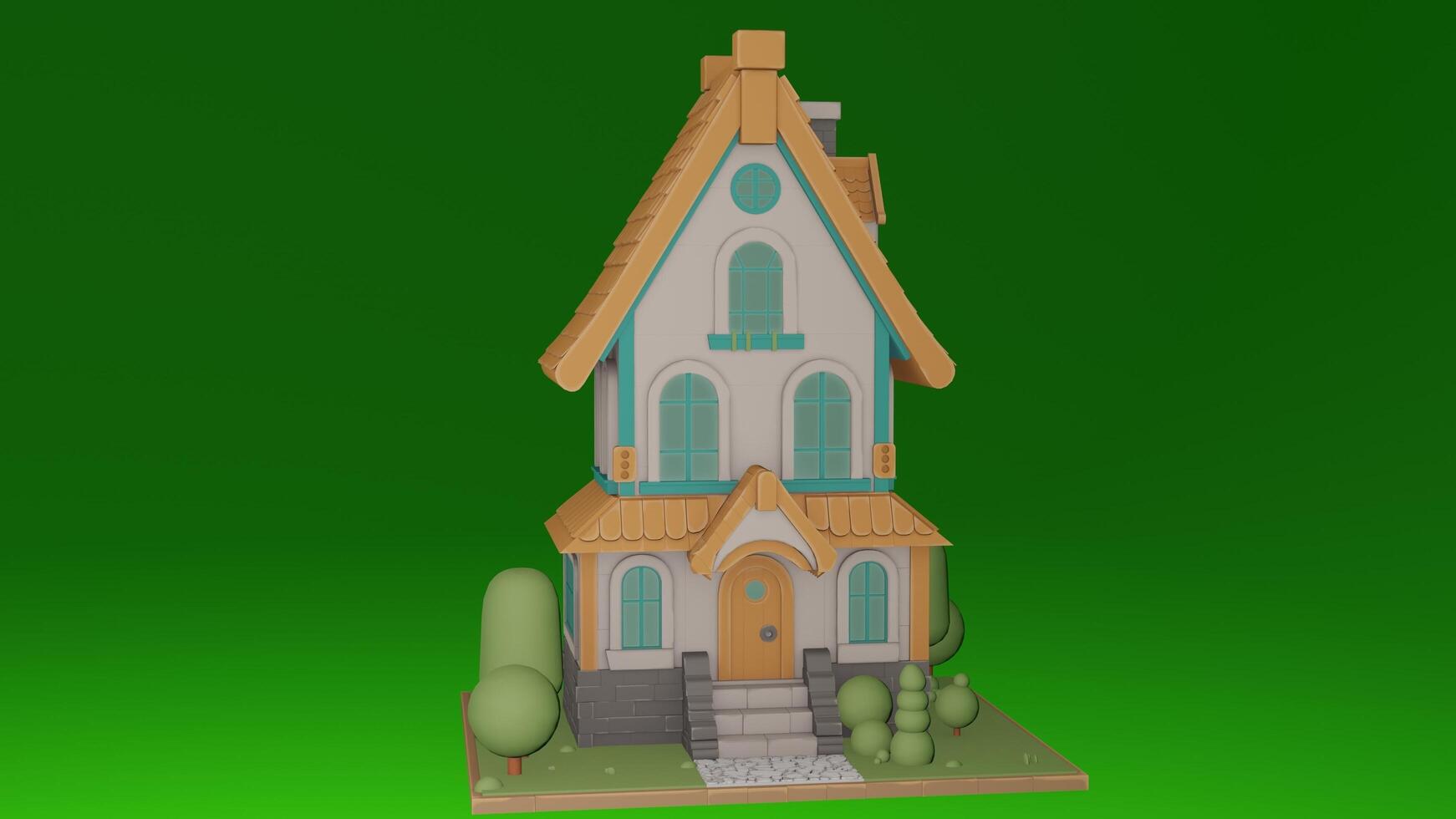 A 3d model of a house with a green background photo