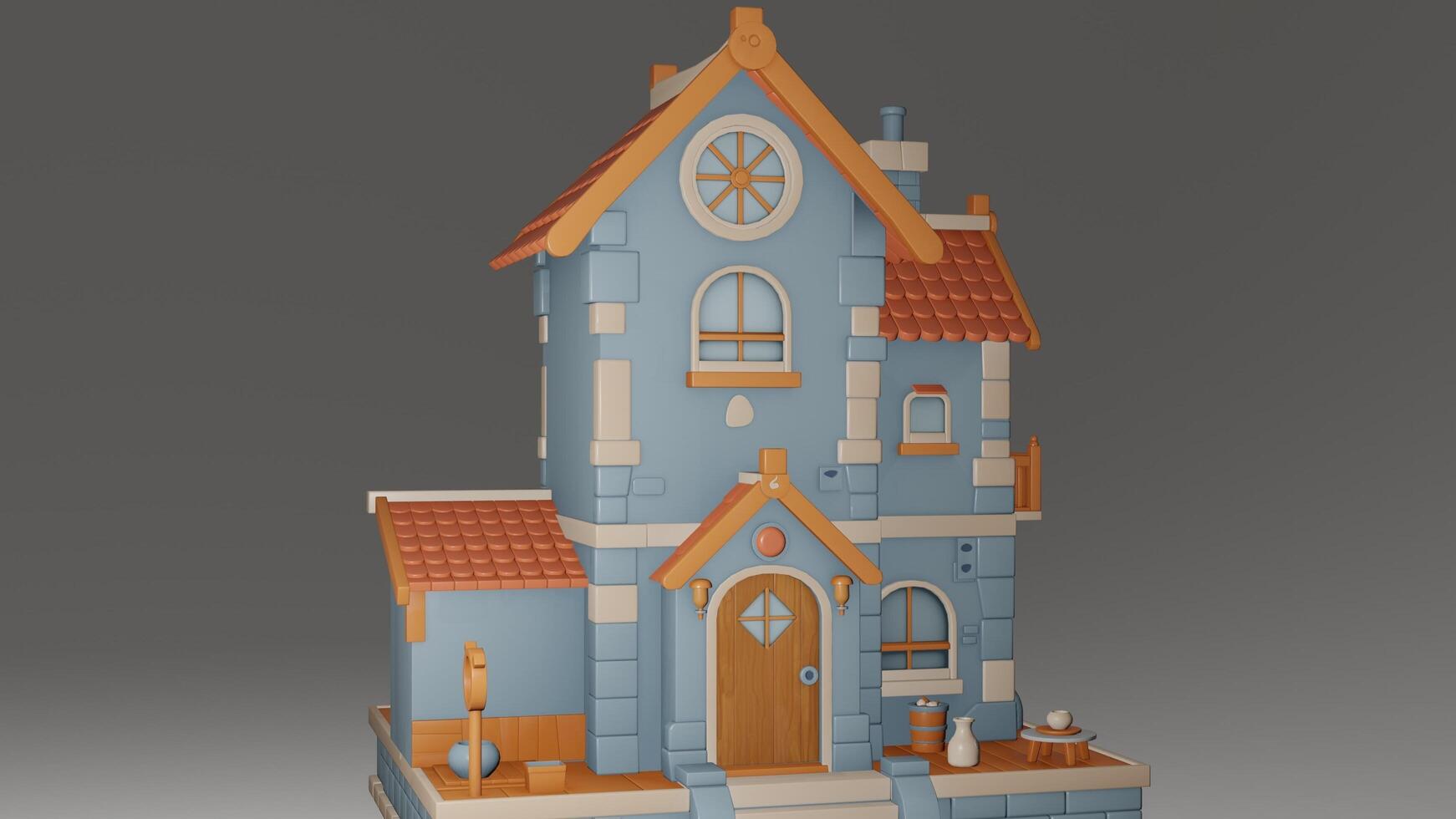 A 3d model of a house with a red roof photo