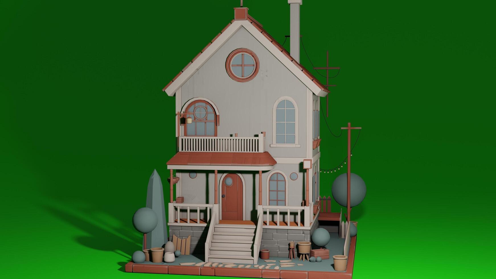 A 3d model of a house with a porch and stairs photo