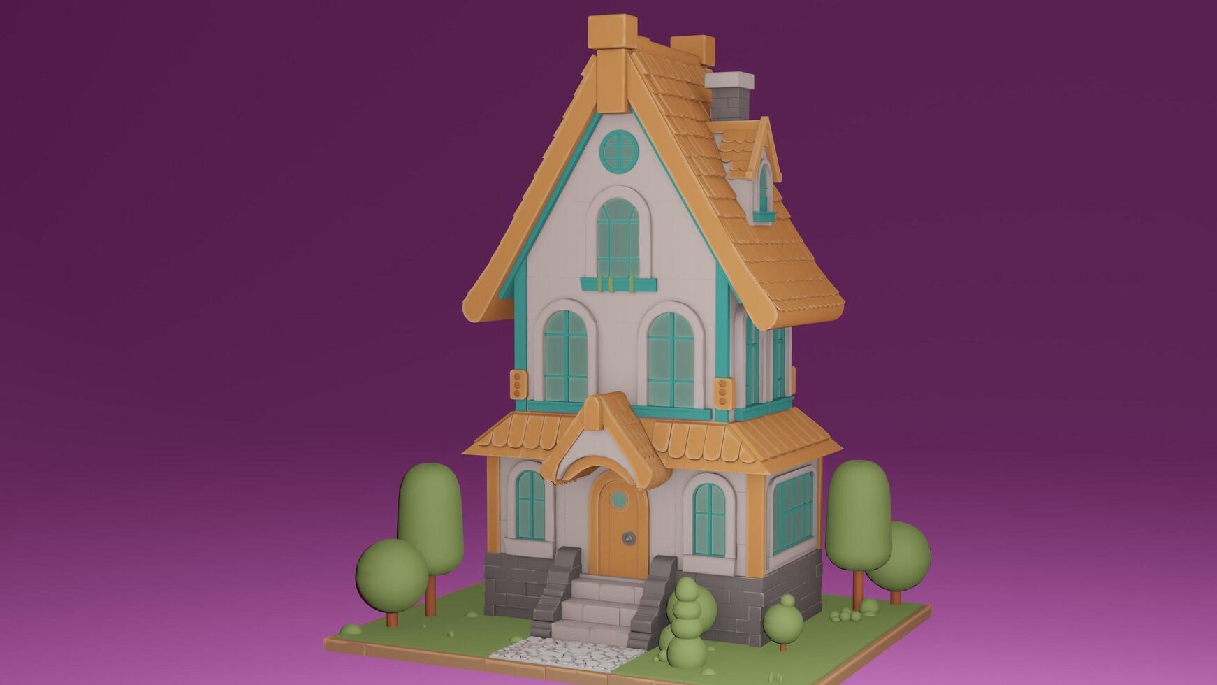 A 3d model of a house with a tree in front of it photo