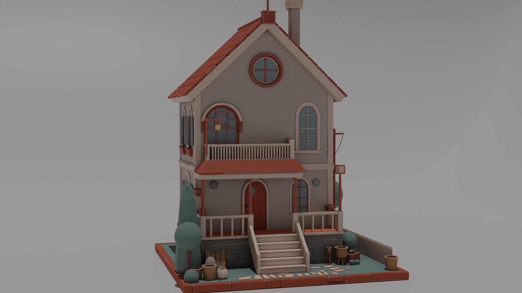 A small house with a red roof and a porch photo