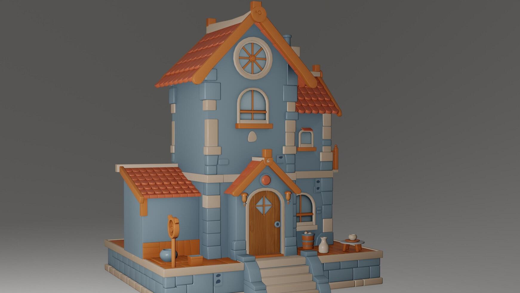A 3d model of a house with a red roof photo