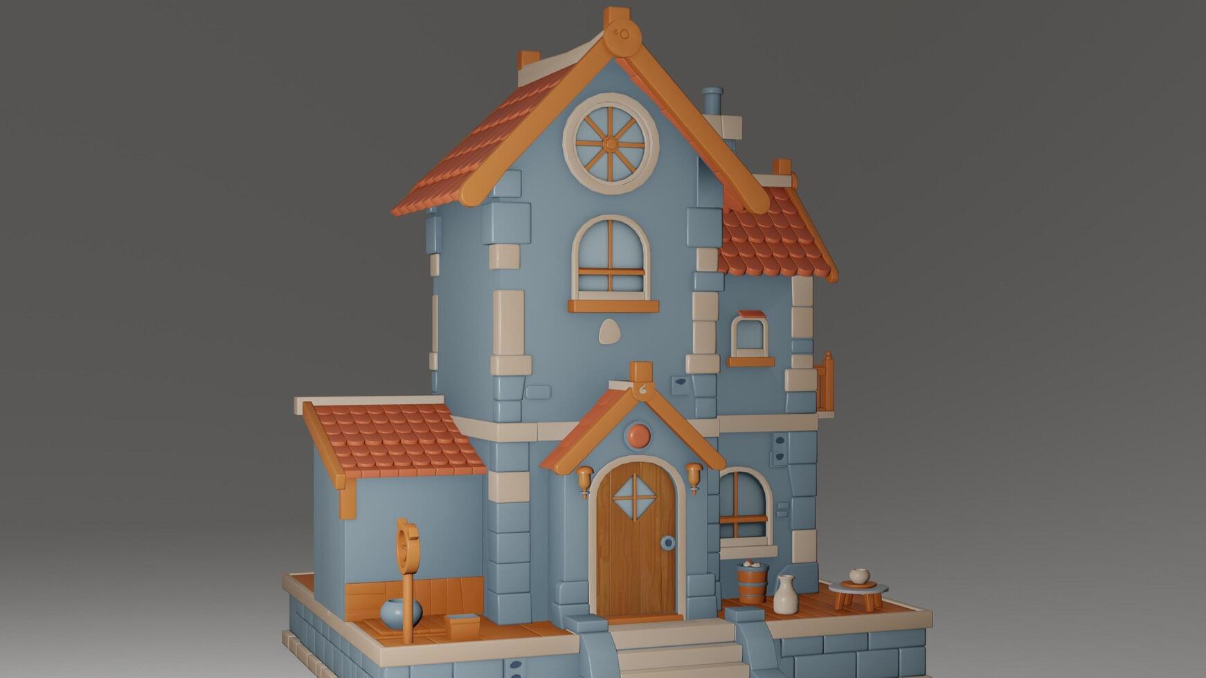 A small house with a red roof and a door photo