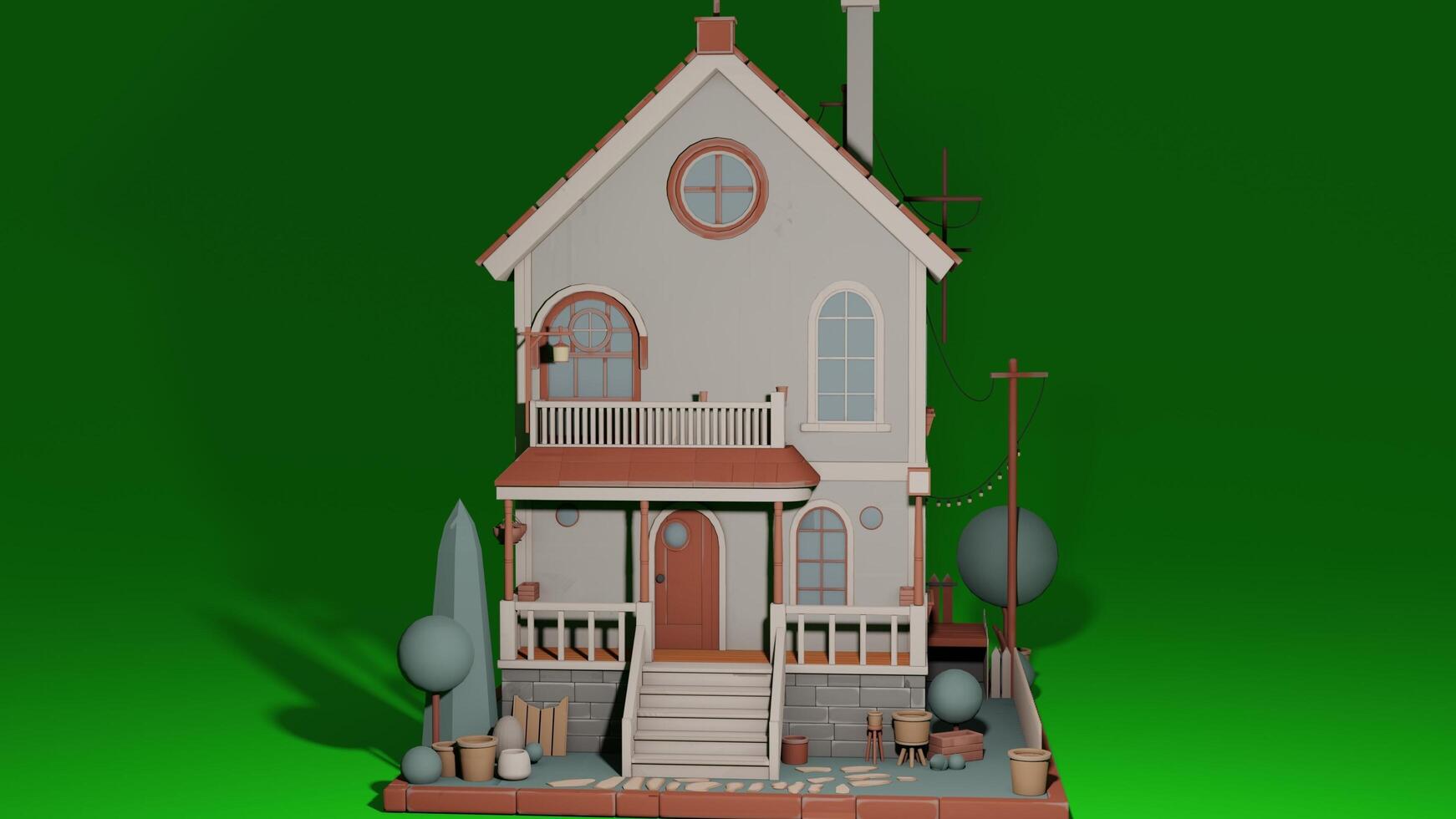 A 3d model of a house with a porch and stairs photo