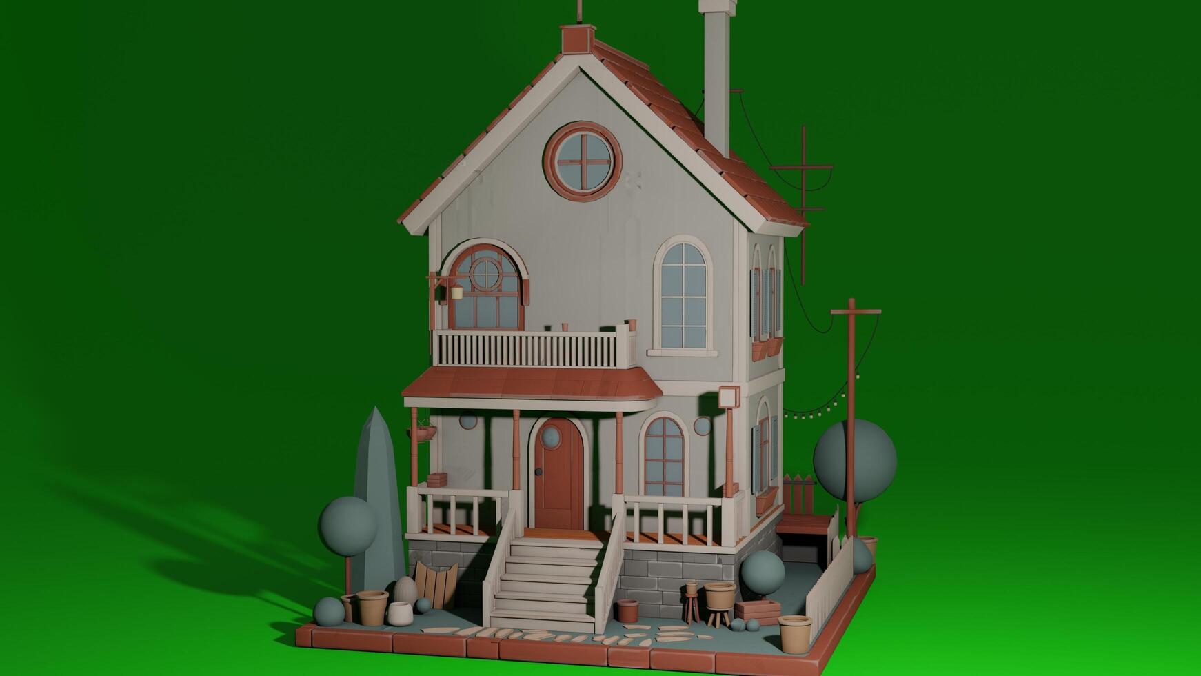 A 3d model of a house with a porch and stairs photo
