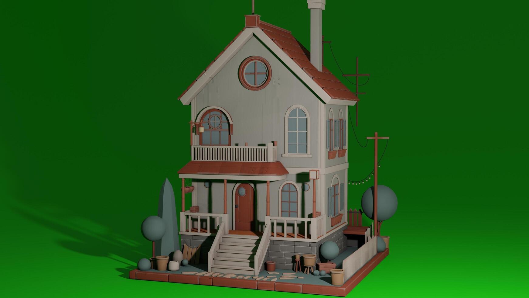 A 3d model of a house with a porch and a tree photo