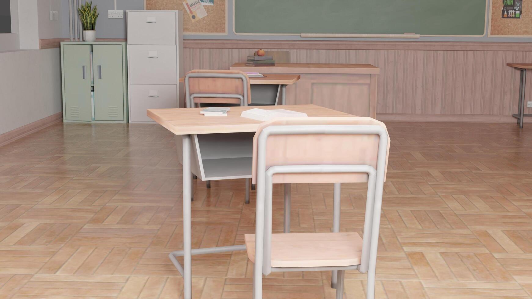 A classroom with desks and chairs photo