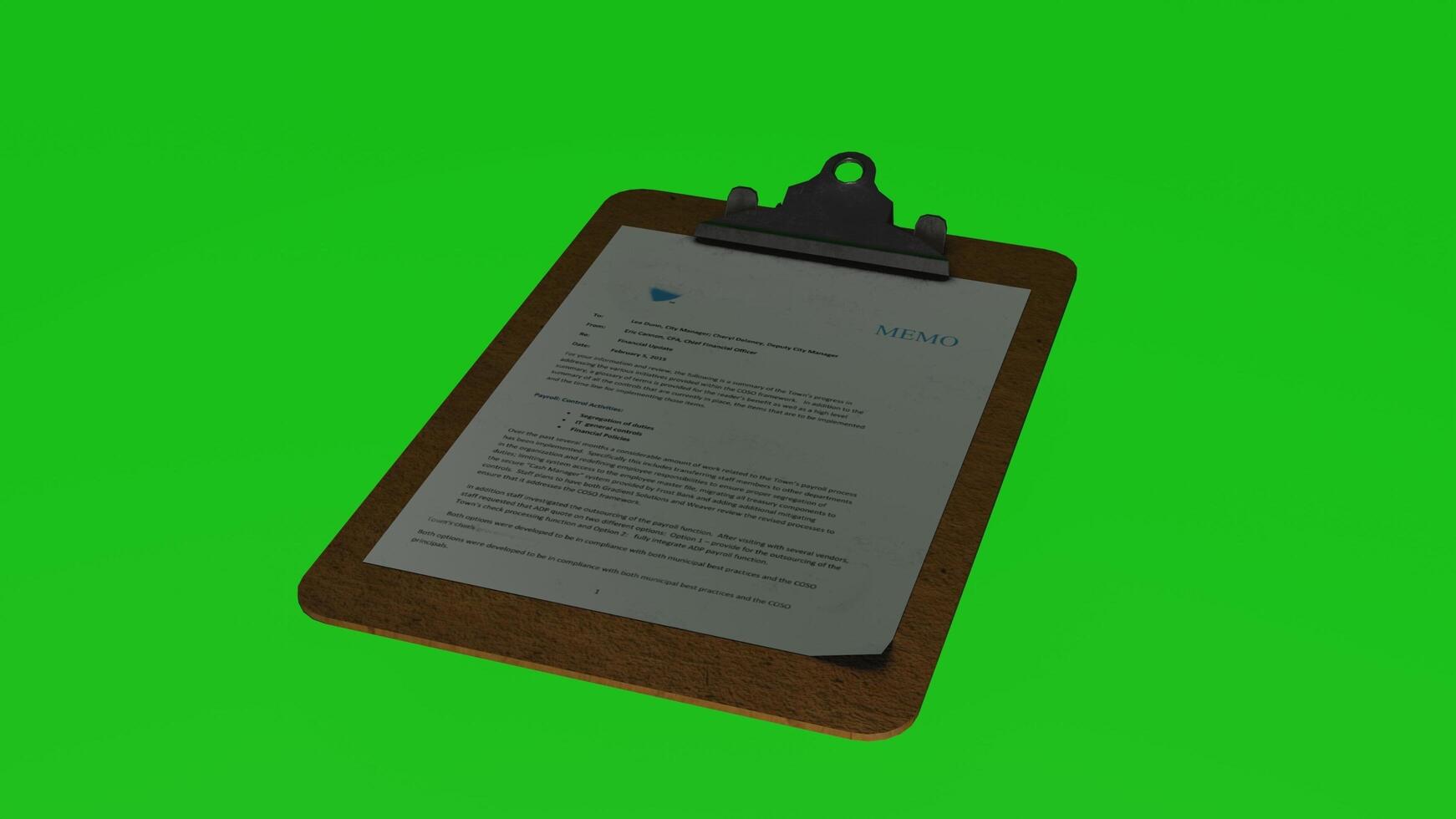 A clipboard with a paper on it on a green screen photo