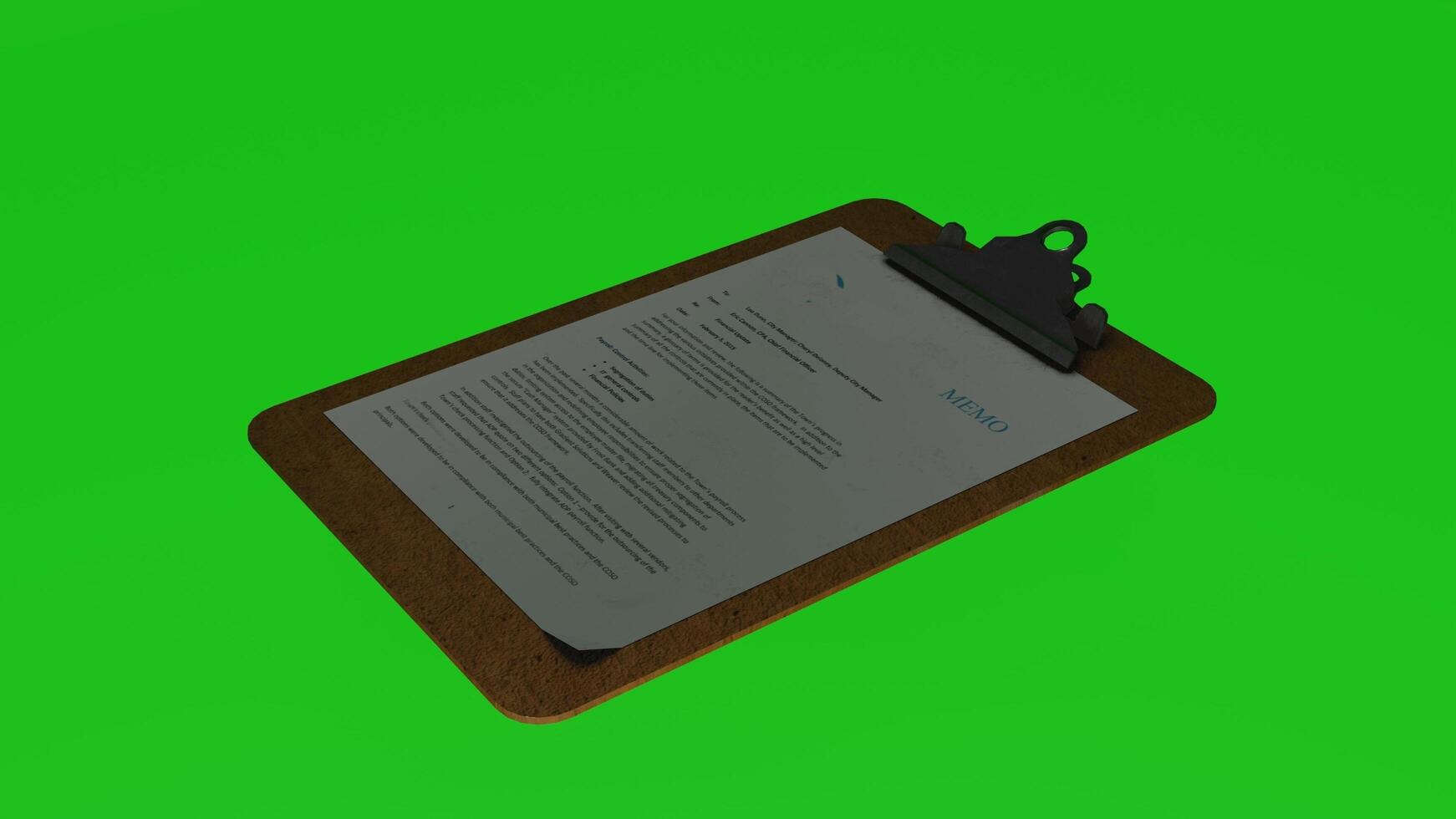 A clipboard with a paper on it on a green screen photo