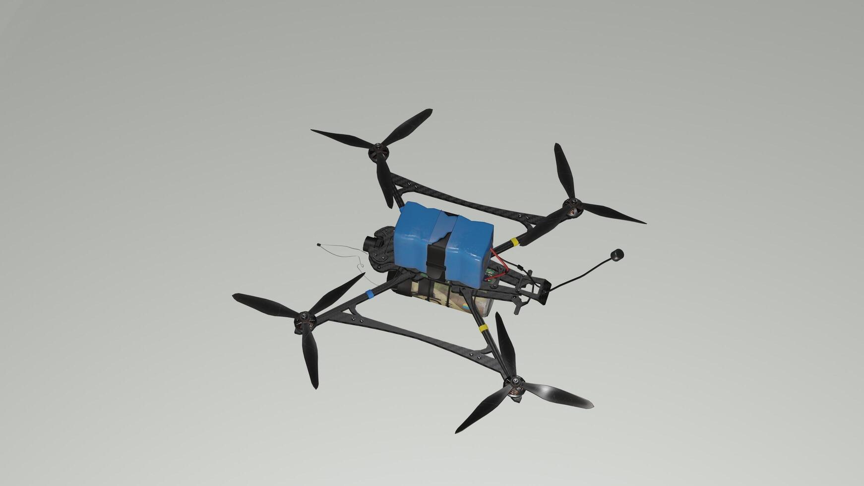 A small drone with propellers and a blue box photo