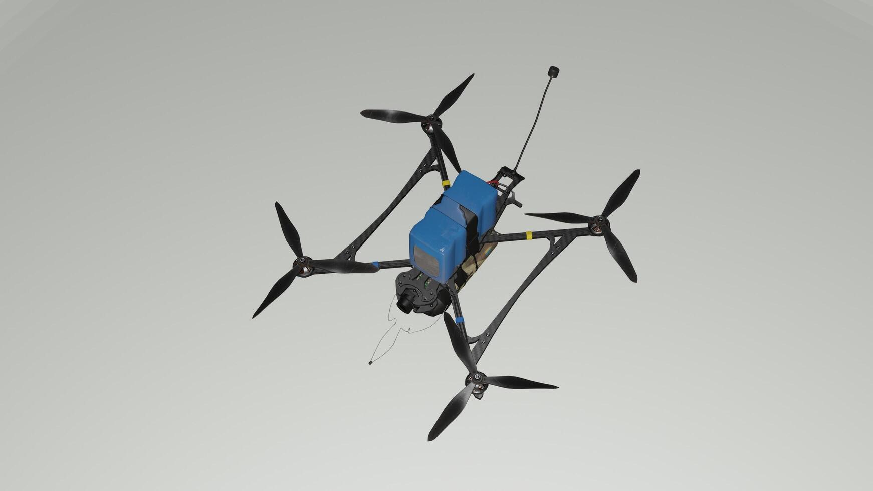 A 3d model of a small drone flying in the air photo