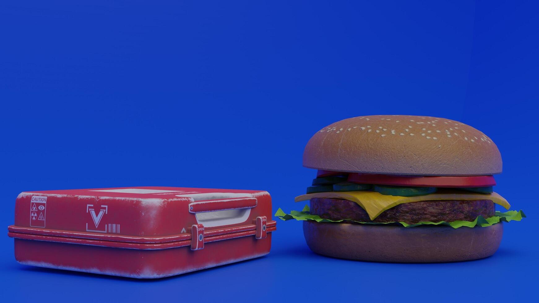 A hamburger and a red box on a blue background photo