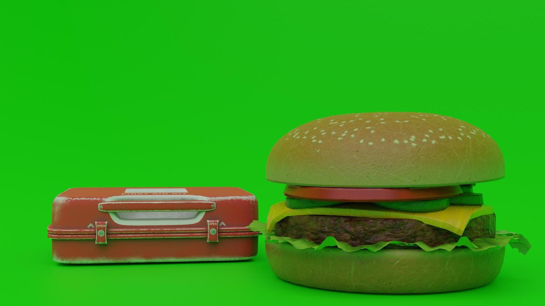 A hamburger and a suitcase on a green screen photo